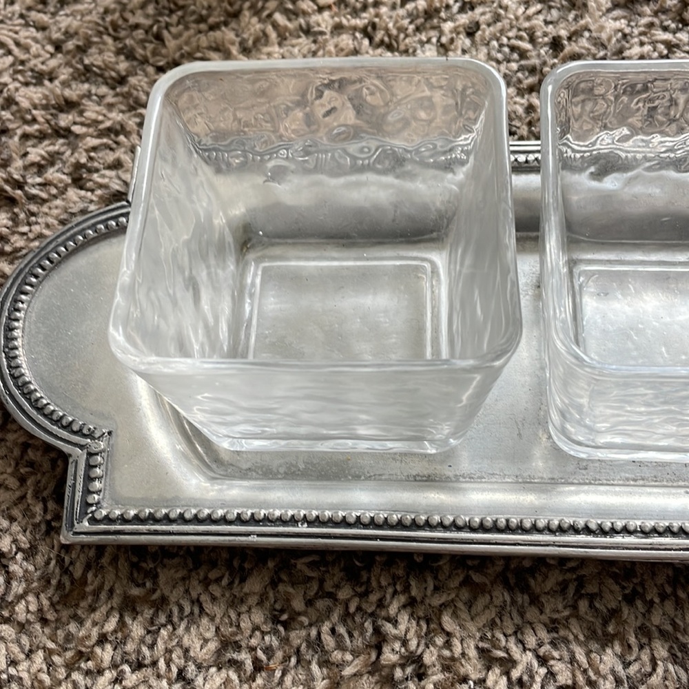 Southern Living Condiment Server 3 glass bowls and one pewter tray - Picture 4 of 4